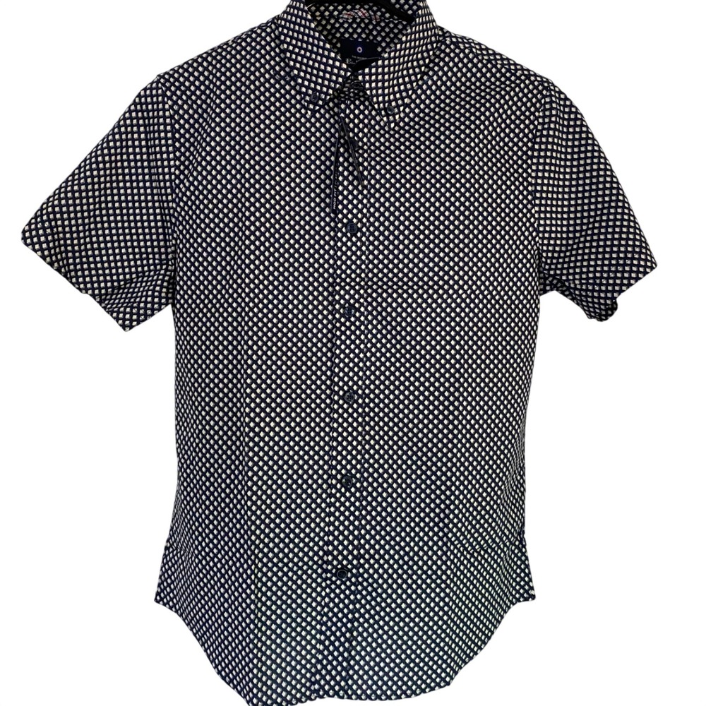 Ben Sherman Mens Navy White Geometric Diamond Short‎ Sleeve Button Down Shirt S